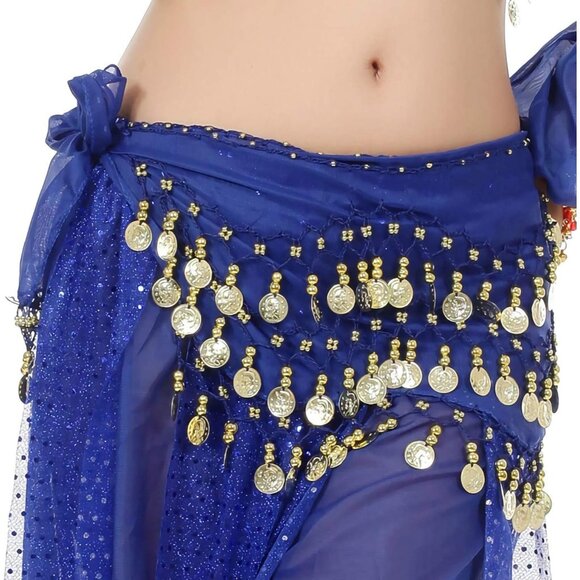 Women's Belly Dance Hip Scarf with 128 Gold Coins Blue Skirt for Zumba or Yoga - Picture 1 of 6